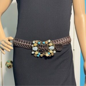 LeatheRock Brown Braided Leather Semi Precious Stone Encrusted Buckle Belt S